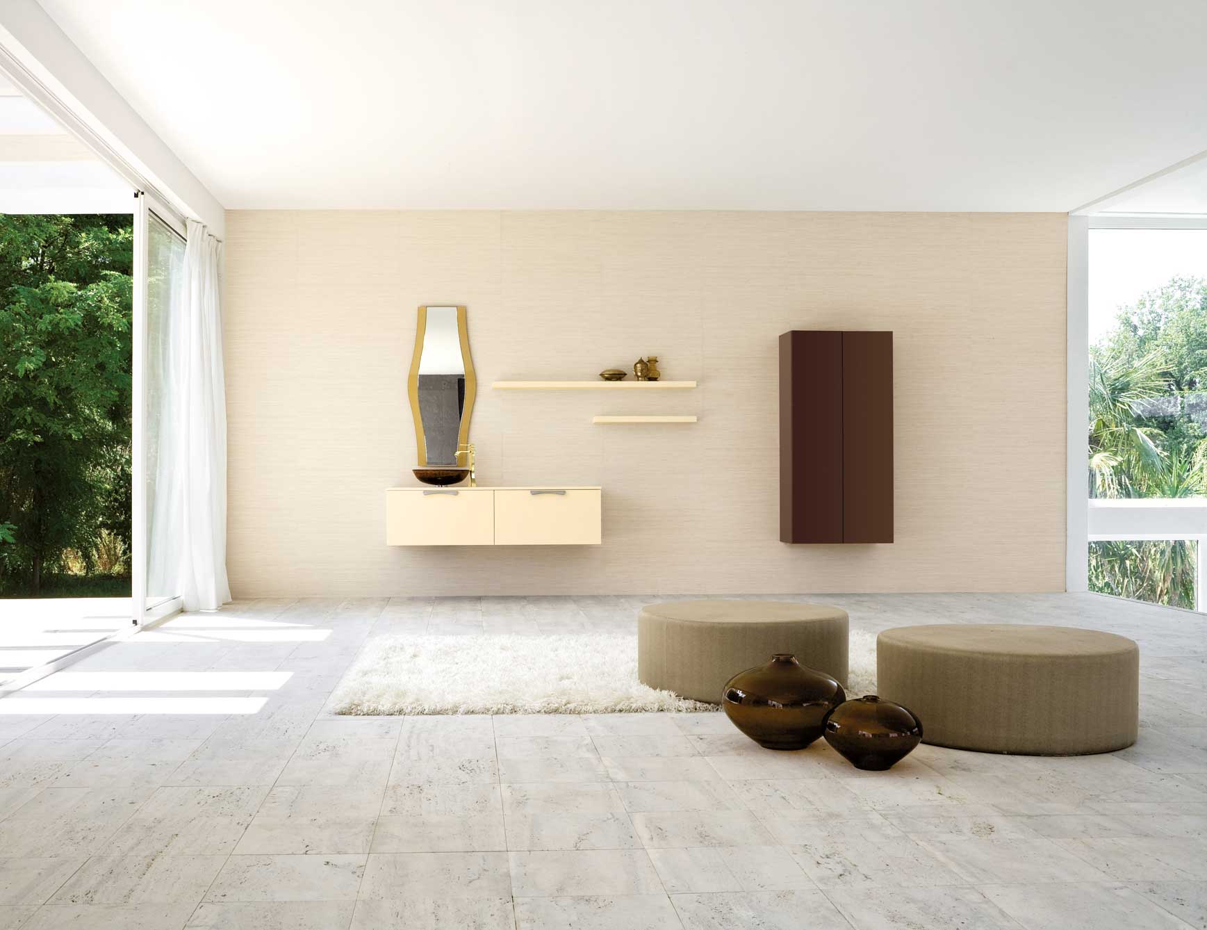 Wall-mounted wooden cabinet and shelves with tall storage unit